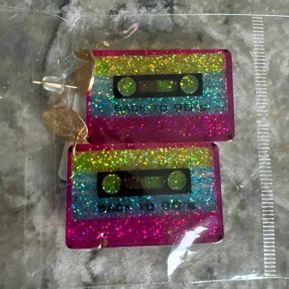 NEW Retro Glitter Cassette Tape Dangle Earrings - Picture 4 of 5